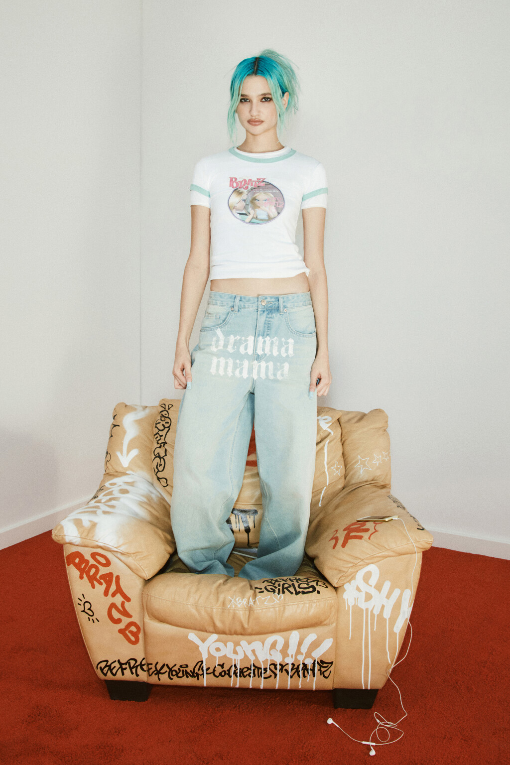 Джинсы багги со средней посадкой и принтом - цвет голубой - 1