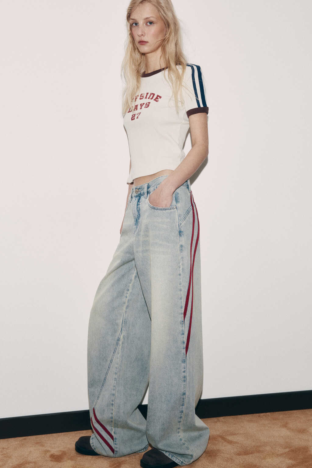 Джинсы багги с низкой посадкой и лампасами - цвет синий - 1