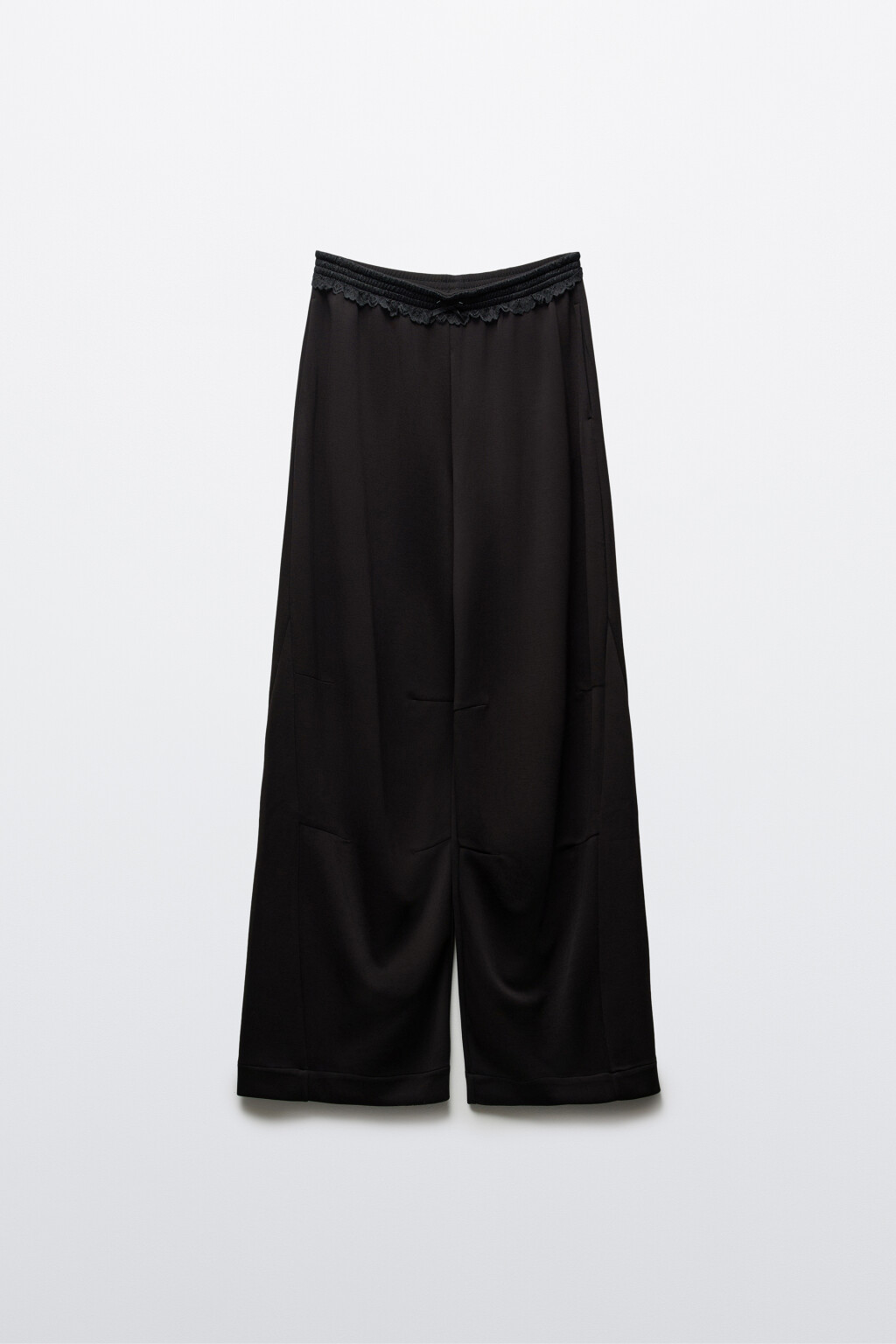 Брюки wide leg вискозные с кружевной отделкой - цвет черный - 1