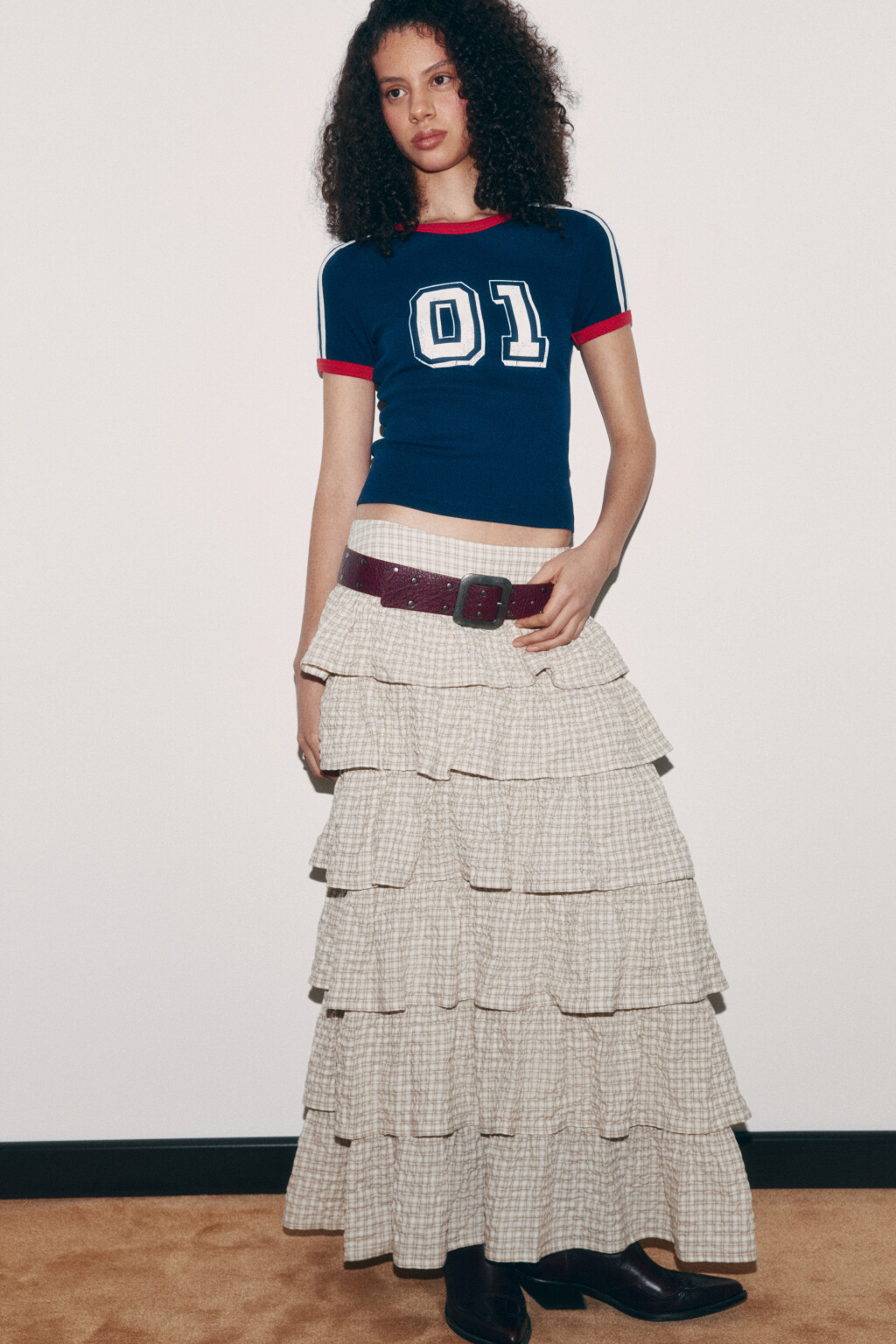 Юбка миди хлопковая многослойная из жатой ткани - цвет бежевый - 1