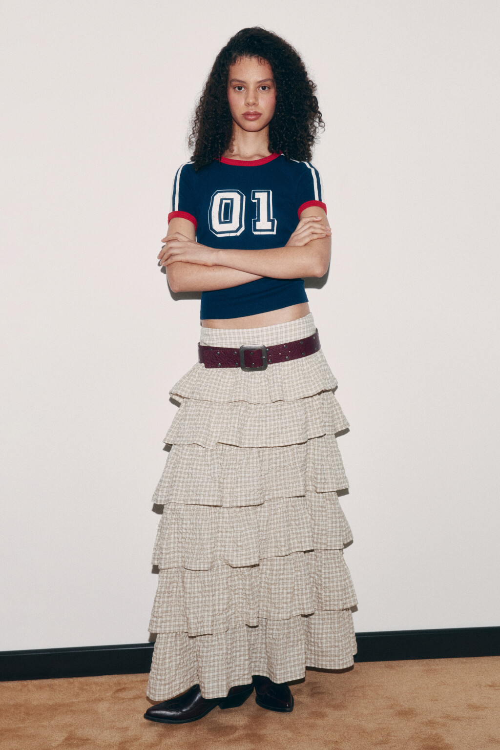 Юбка миди хлопковая многослойная из жатой ткани - цвет бежевый - 4