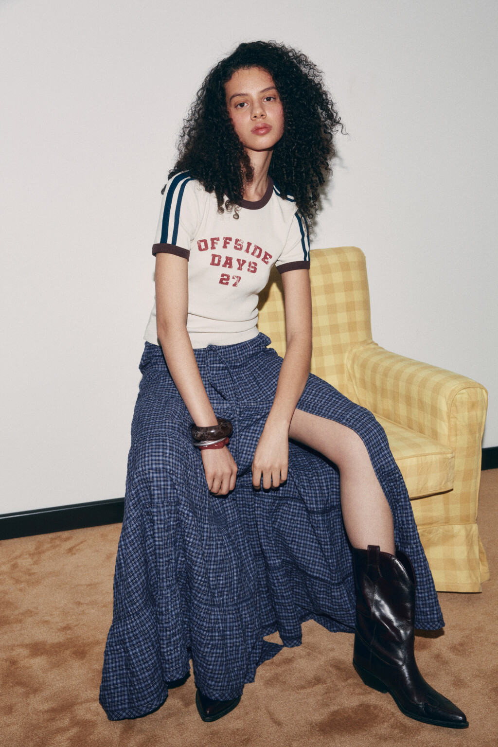 Юбка макси в клетку на завязках с воланами и разрезом - цвет синий - 1