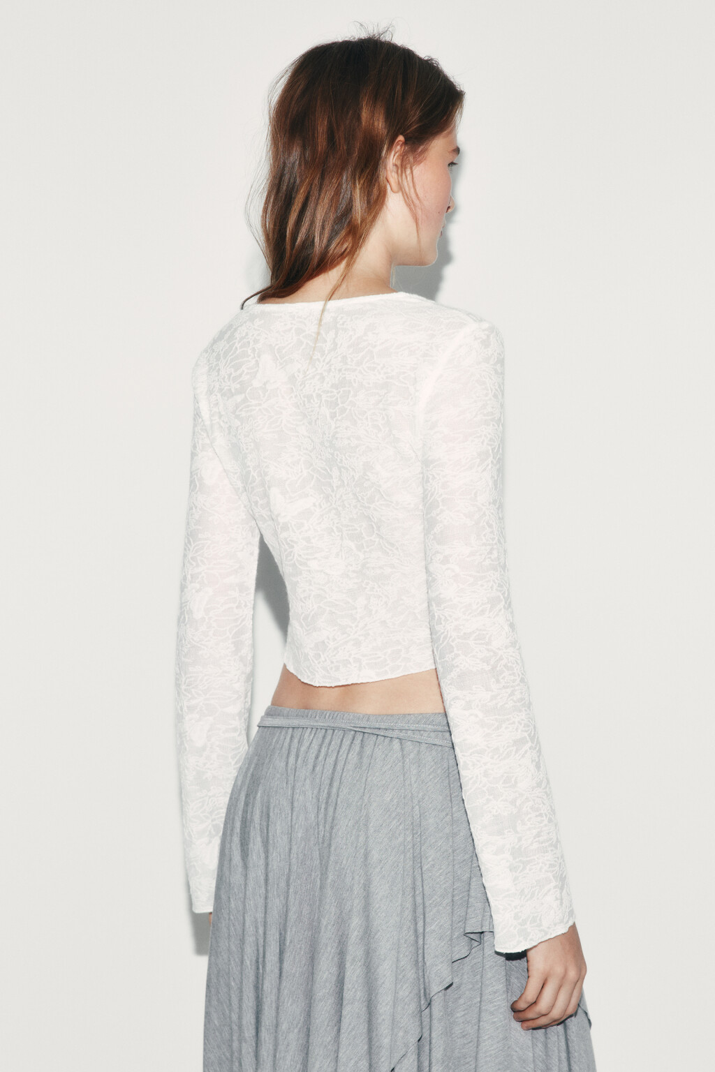 Лонгслив облегающий кружевной на пуговицах - цвет белый - 3