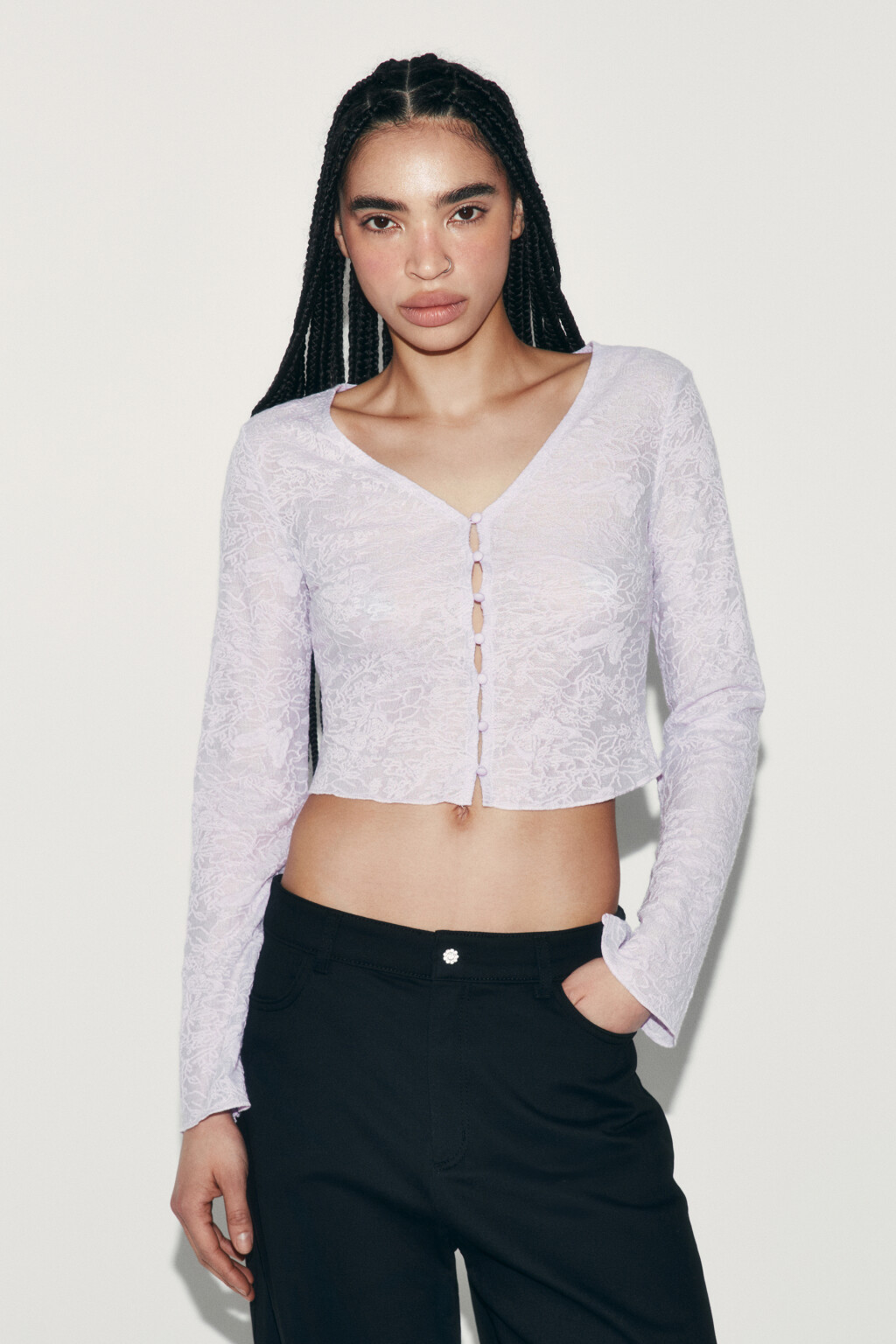 Лонгслив облегающий кружевной на пуговицах - цвет сиреневый - 2