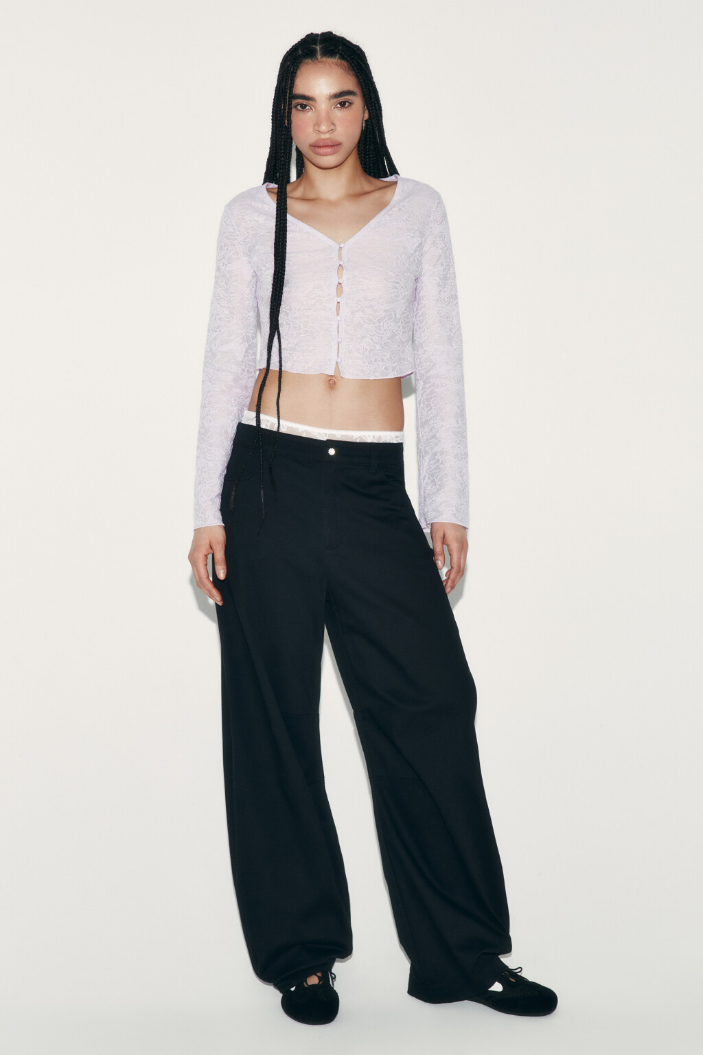 Лонгслив облегающий кружевной на пуговицах - цвет сиреневый - 4