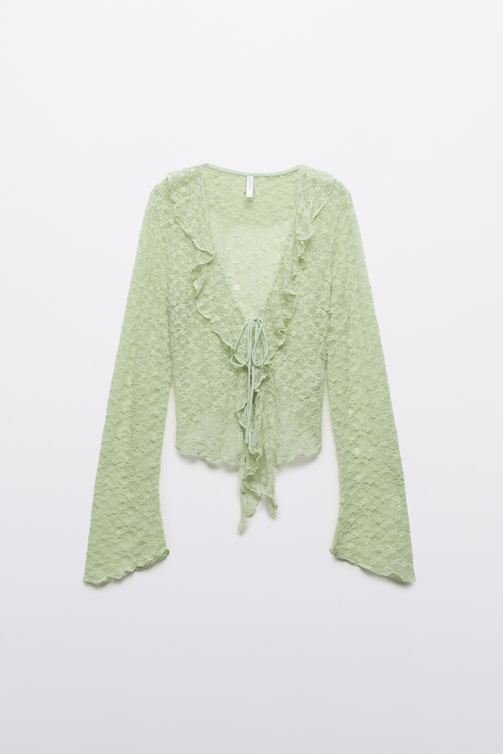 Блузка ажурная облегающая на завязках - цвет зеленый - 1