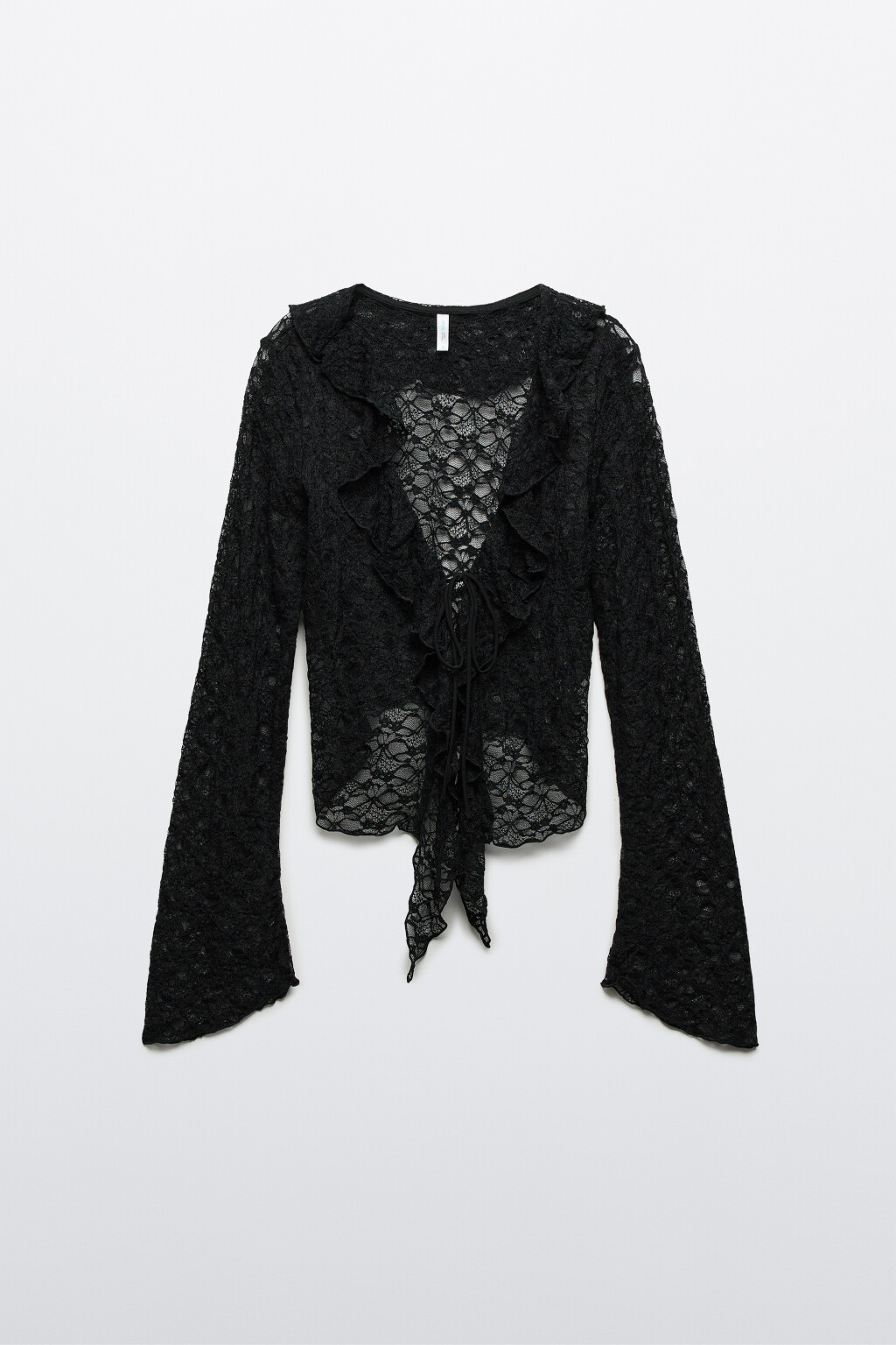 Блузка ажурная облегающая на завязках - цвет черный - 1
