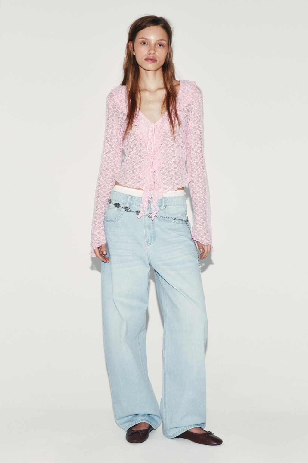 Блузка ажурная облегающая на завязках - цвет розовый - 4