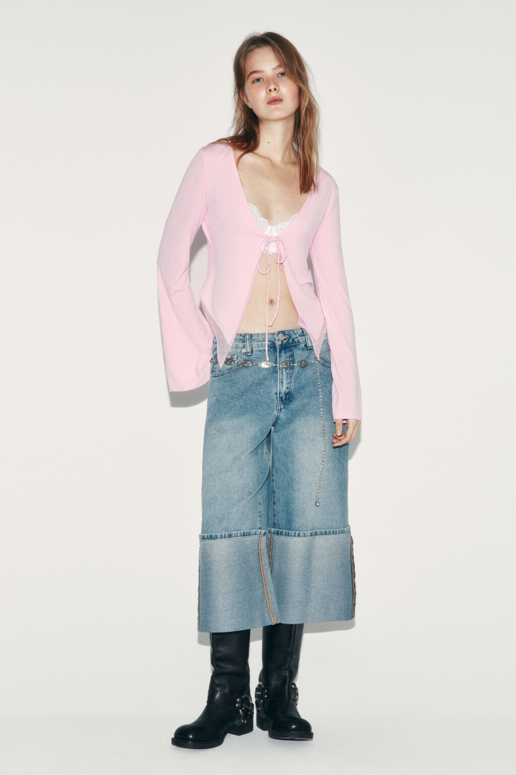 Блузка облегающая с расклешенными рукавами - цвет розовый - 4