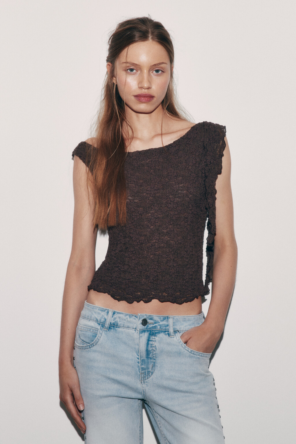 Блузка-топ ажурная - цвет коричневый - 2