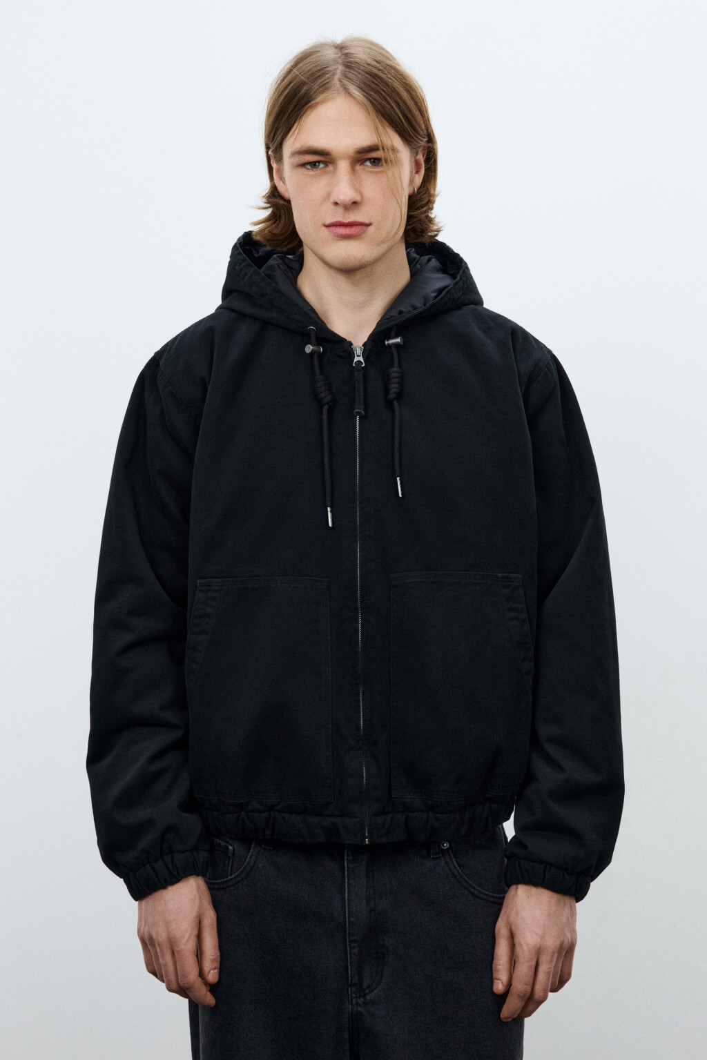 Куртка-бомбер хлопковая с капюшоном - цвет черный - 4