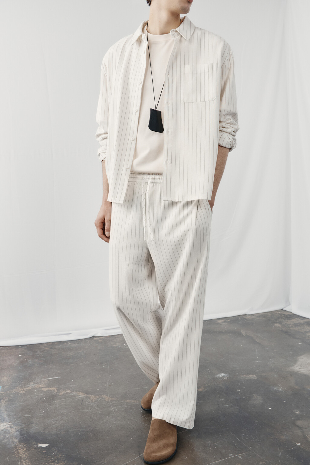 Брюки широкие трикотажные на завязках со льном - цвет бежевый - 1