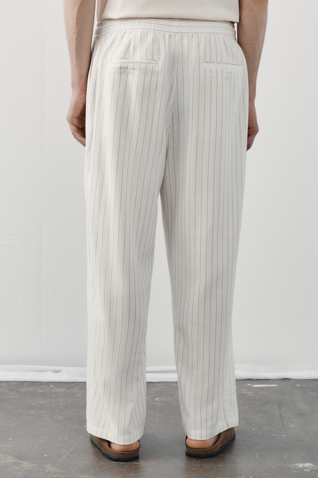 Брюки широкие трикотажные на завязках со льном - цвет бежевый - 4