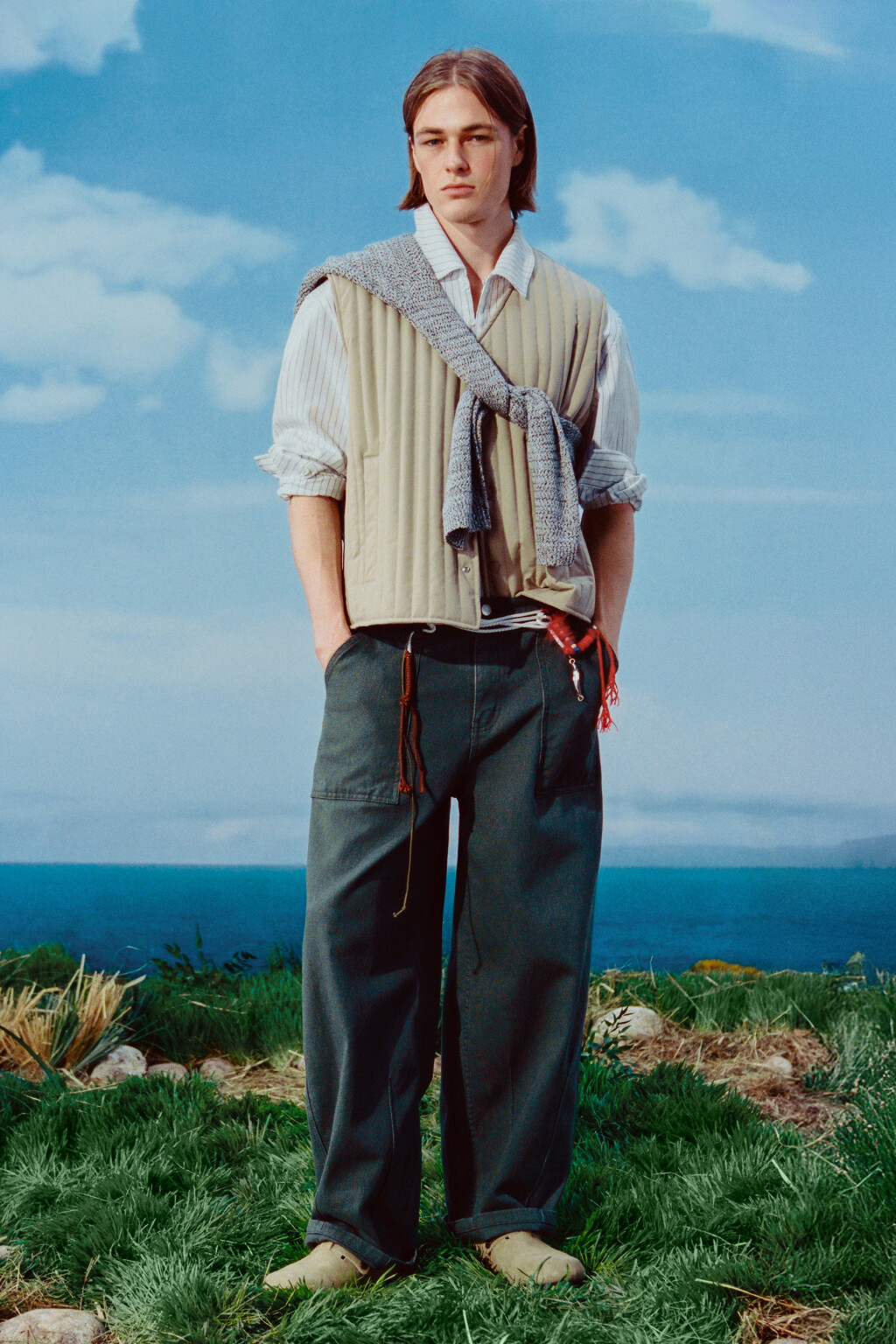 Брюки wide leg со средней посадкой в рубчик - цвет зеленый - 1