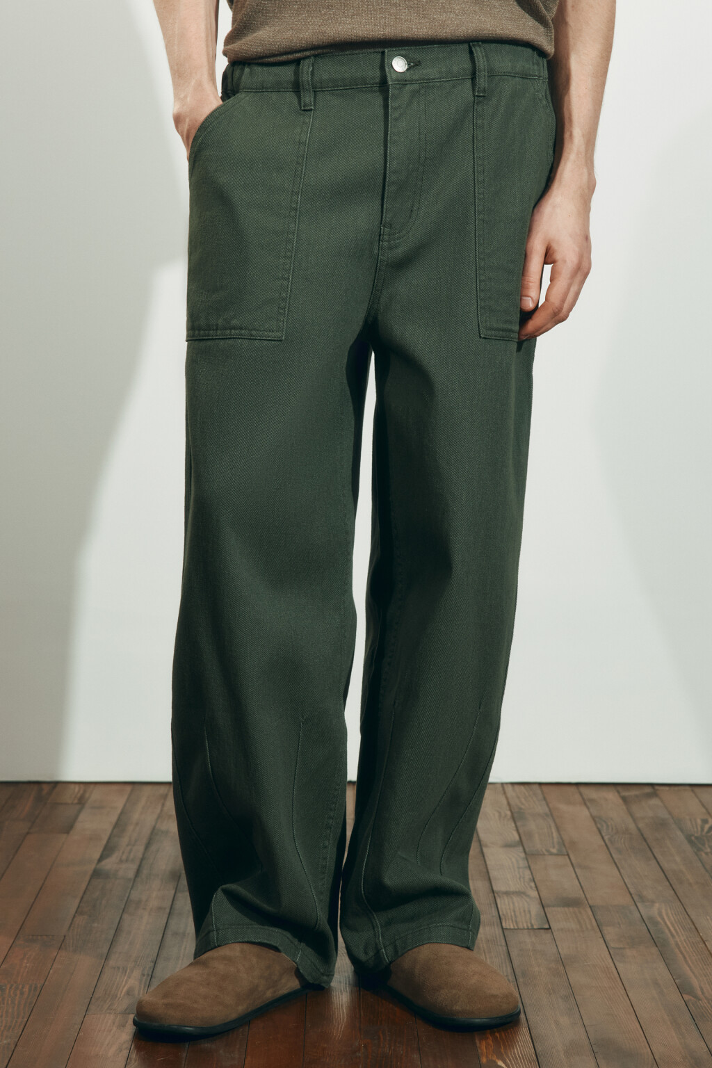 Брюки wide leg со средней посадкой в рубчик - цвет зеленый - 3