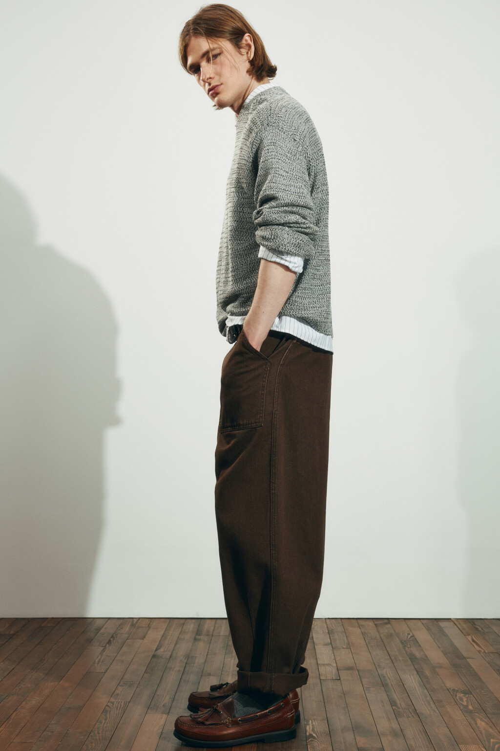 Брюки wide leg со средней посадкой в рубчик - цвет коричневый - 3