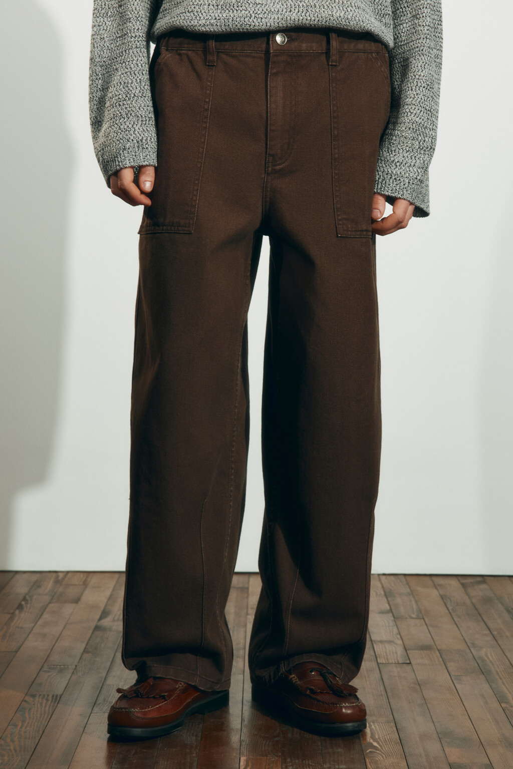 Брюки wide leg со средней посадкой в рубчик - цвет коричневый - 4