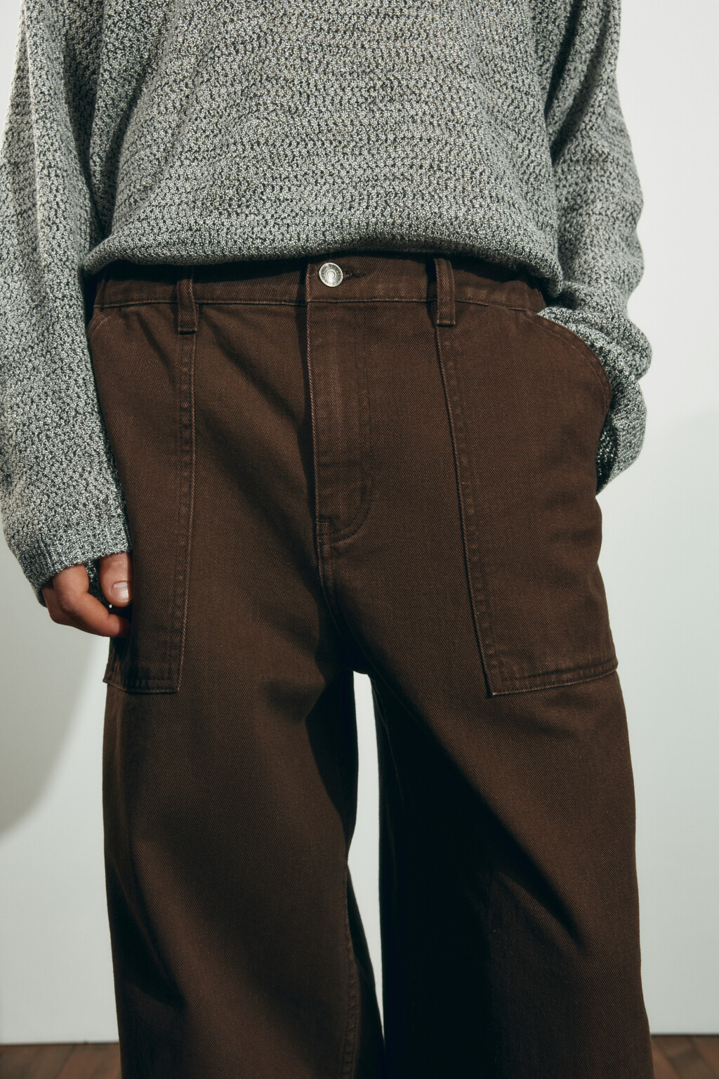 Брюки wide leg со средней посадкой в рубчик - цвет коричневый - 7