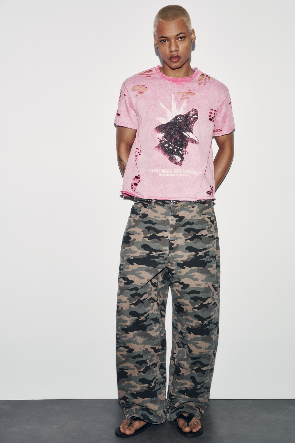 Брюки широкие хлопковые с принтом хаки - цвет мультиколор - 1