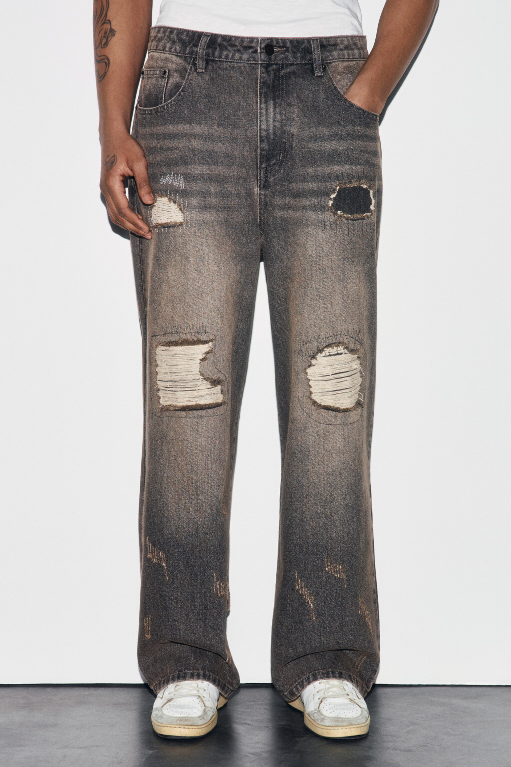 Джинсы wide leg со средней посадкой рваные - цвет коричневый - 3