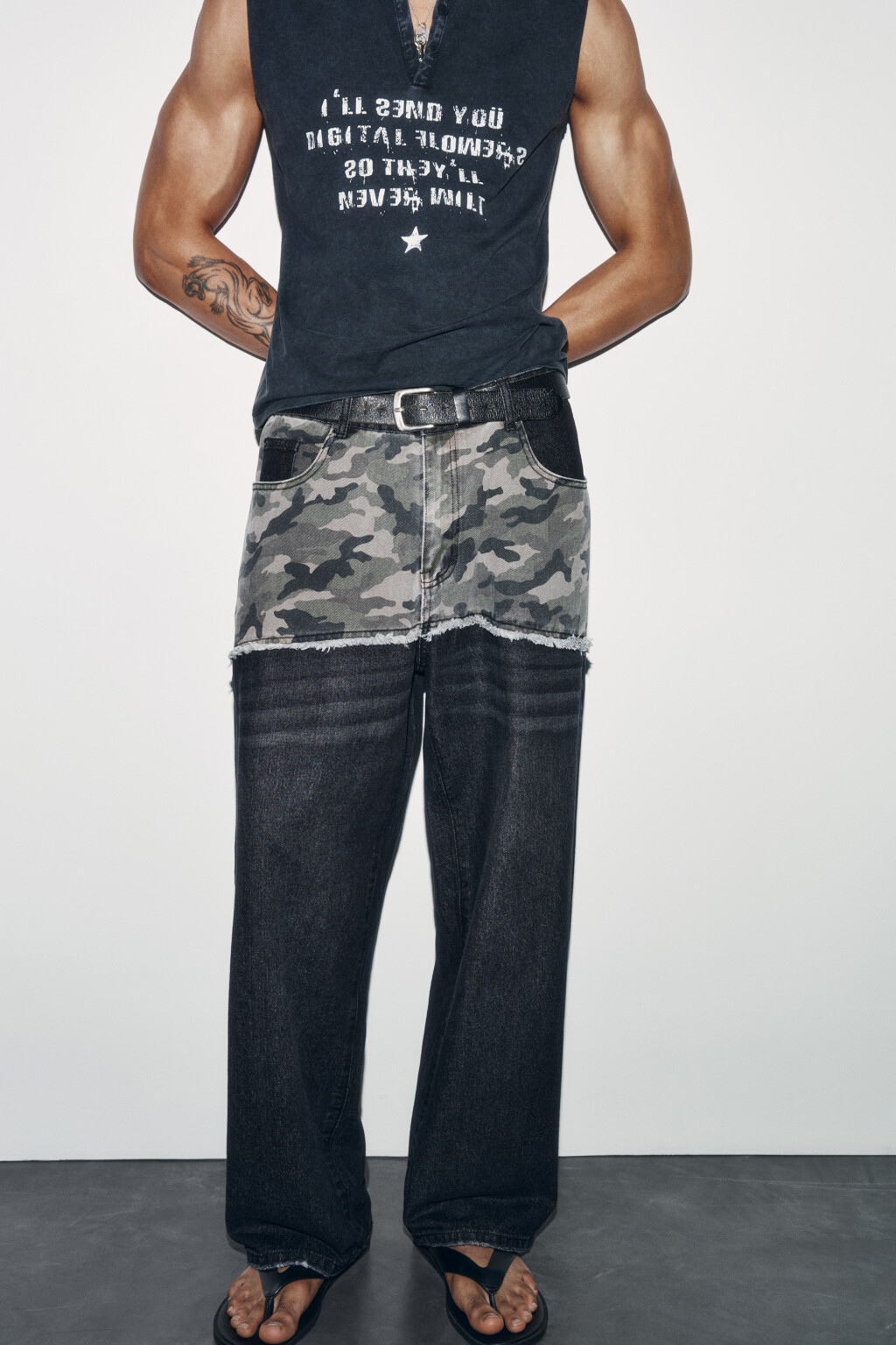 Джинсы wide leg со средней посадкой и имитацией второго слоя - цвет серый - 1