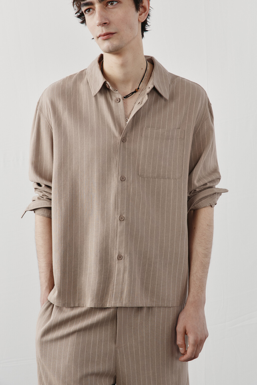 Рубашка базовая вискозная со льном - цвет коричневый - 1