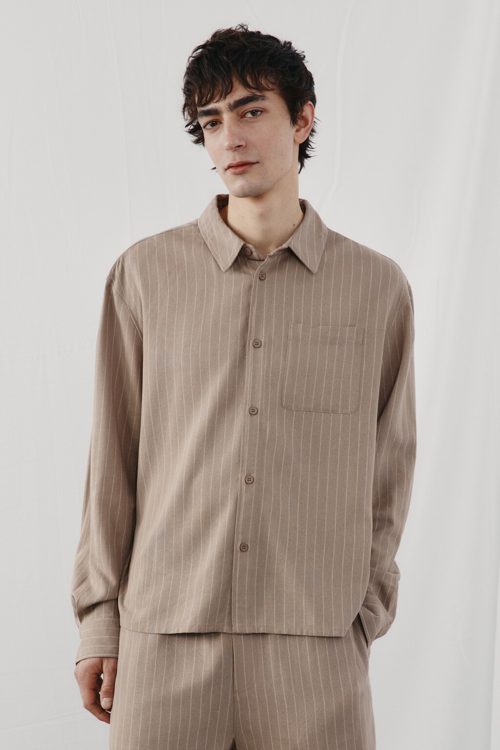 Рубашка базовая вискозная со льном - цвет коричневый - 2