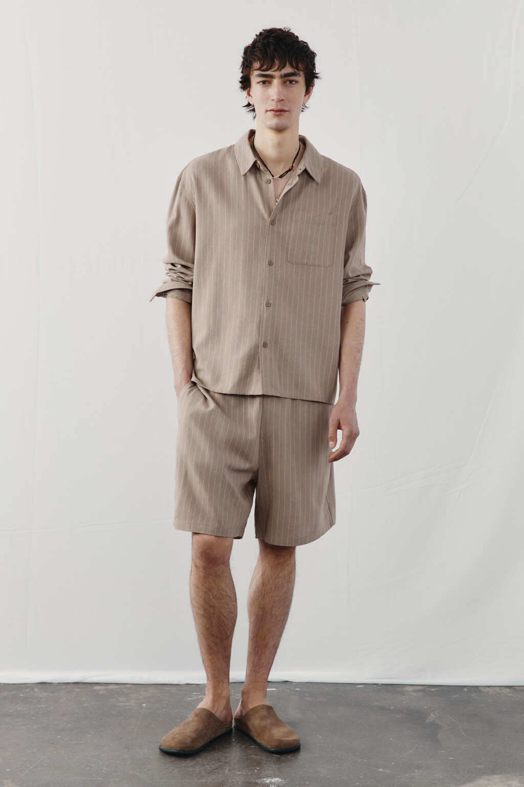 Рубашка базовая вискозная со льном - цвет коричневый - 4