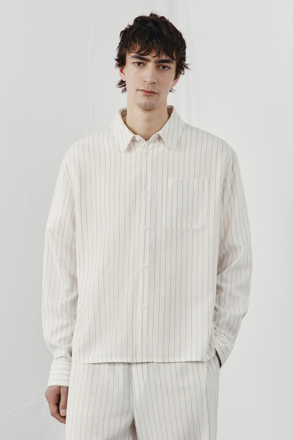 Рубашка базовая вискозная со льном - цвет бежевый - 2