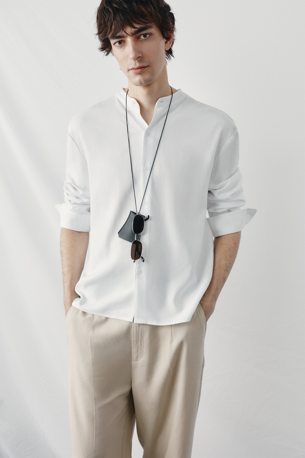 рубашка без воротника вискозная со льном - цвет белый - 1