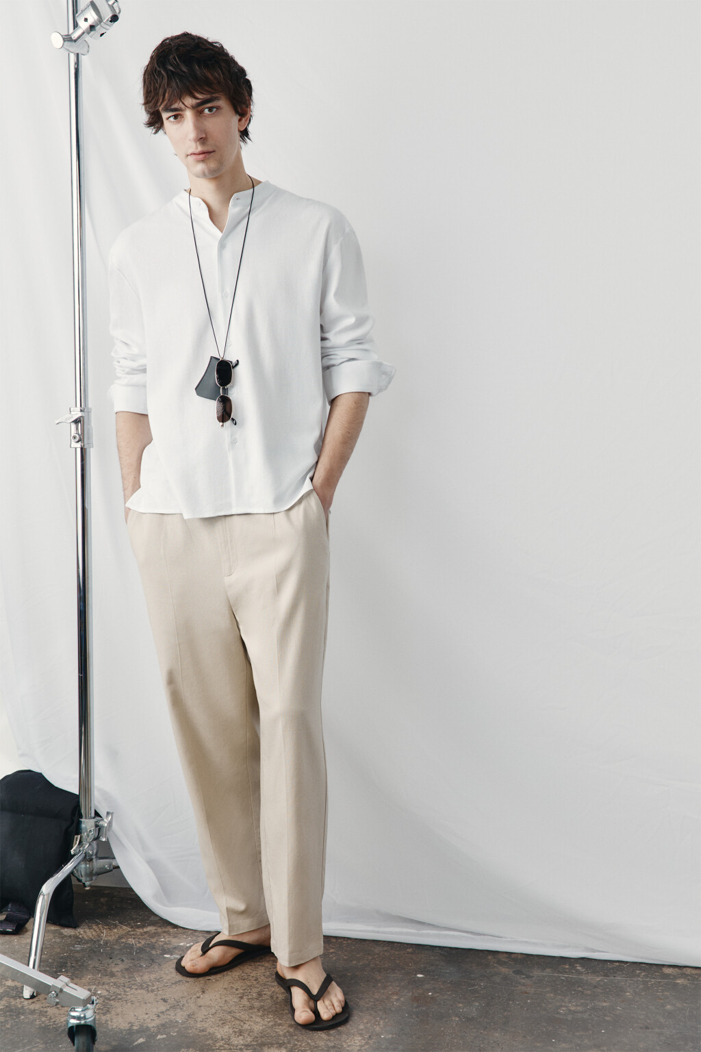 рубашка без воротника вискозная со льном - цвет белый - 2