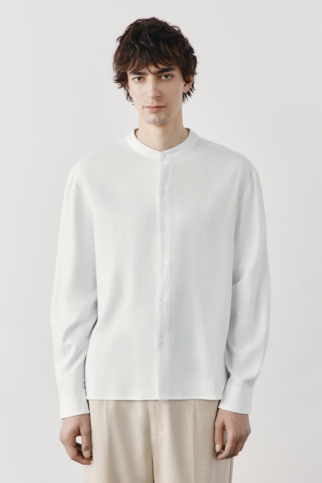 рубашка без воротника вискозная со льном - цвет белый - 3
