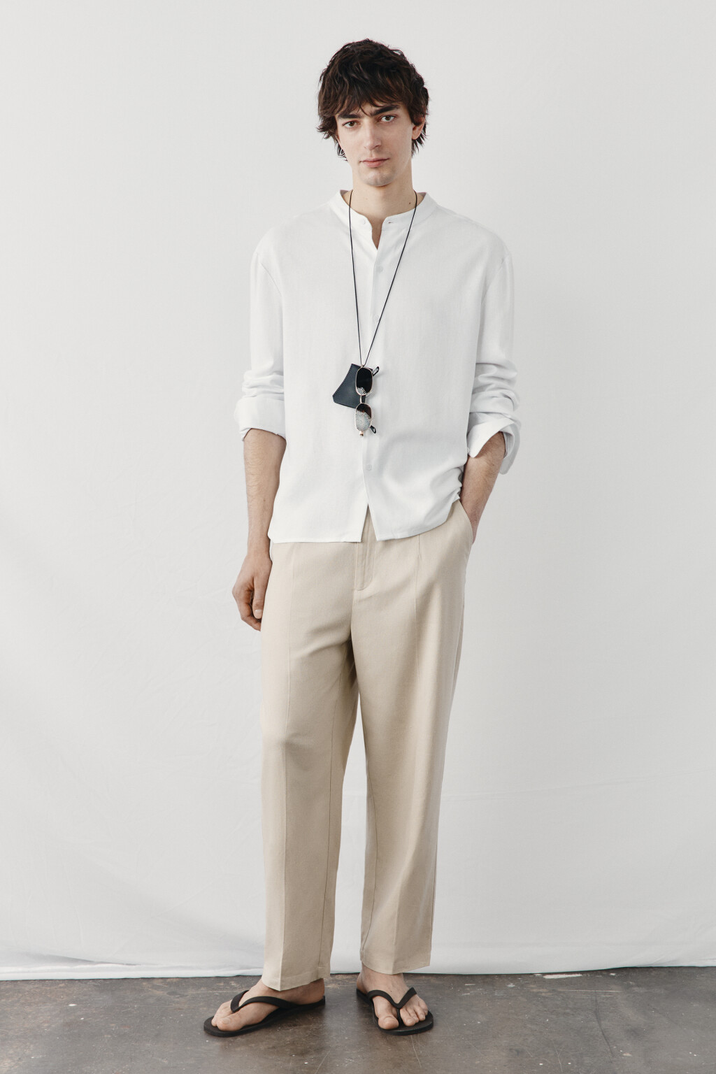 рубашка без воротника вискозная со льном - цвет белый - 5