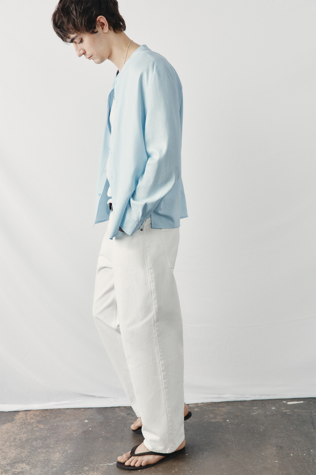 рубашка без воротника вискозная со льном - цвет голубой - 1