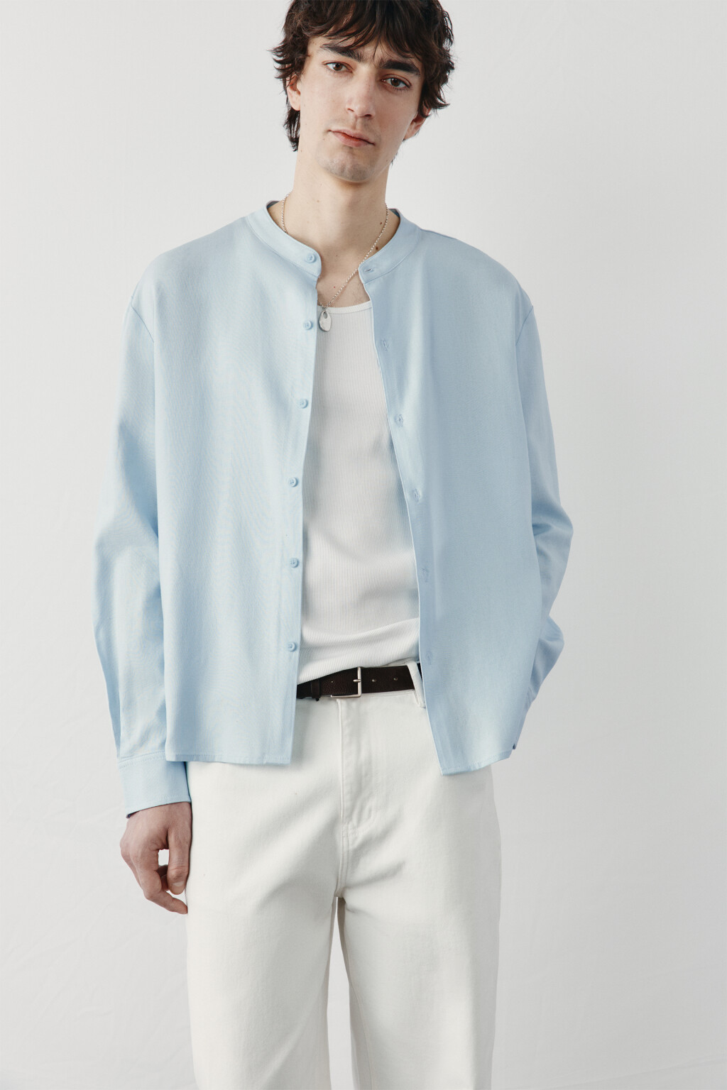 рубашка без воротника вискозная со льном - цвет голубой - 2