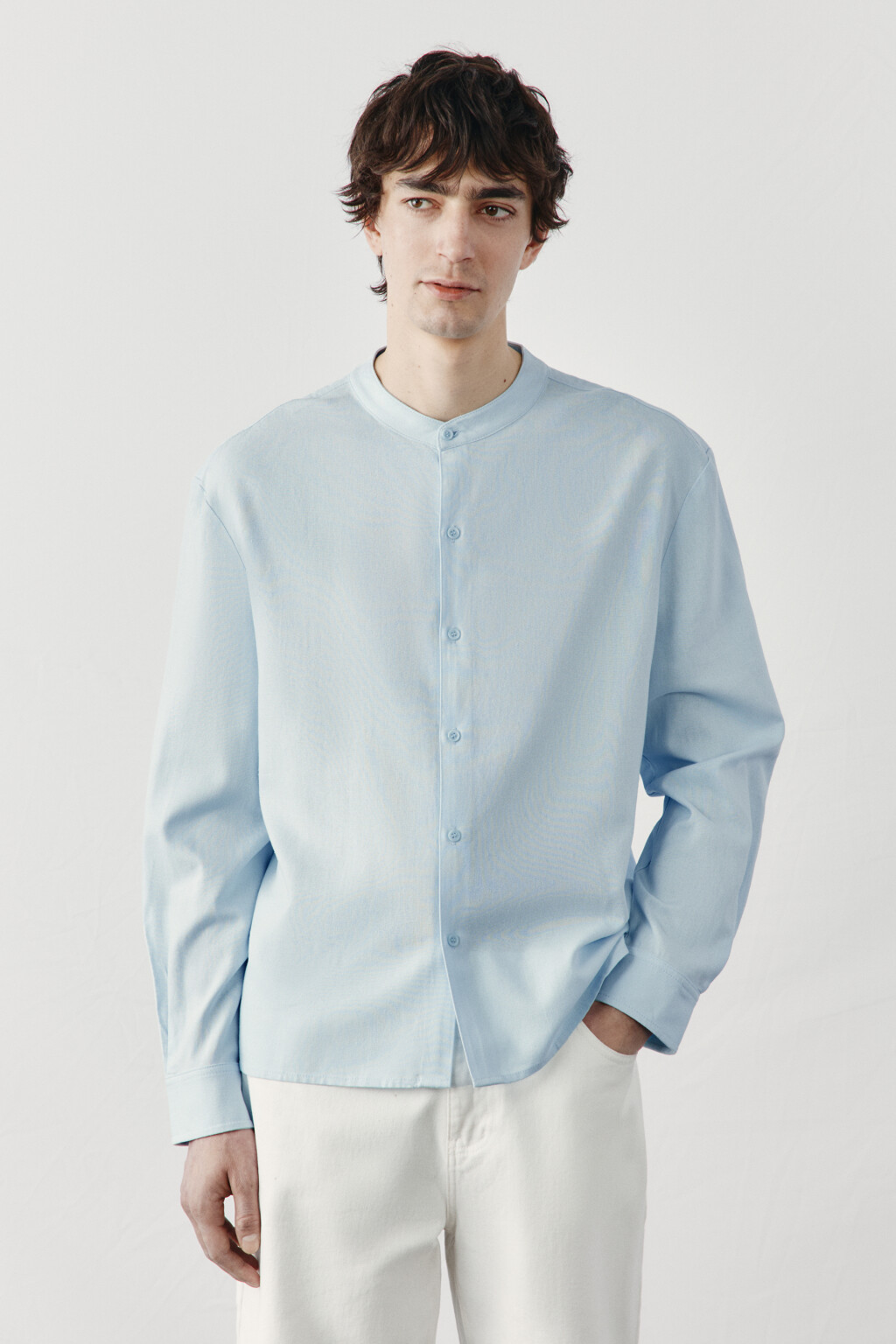 рубашка без воротника вискозная со льном - цвет голубой - 3