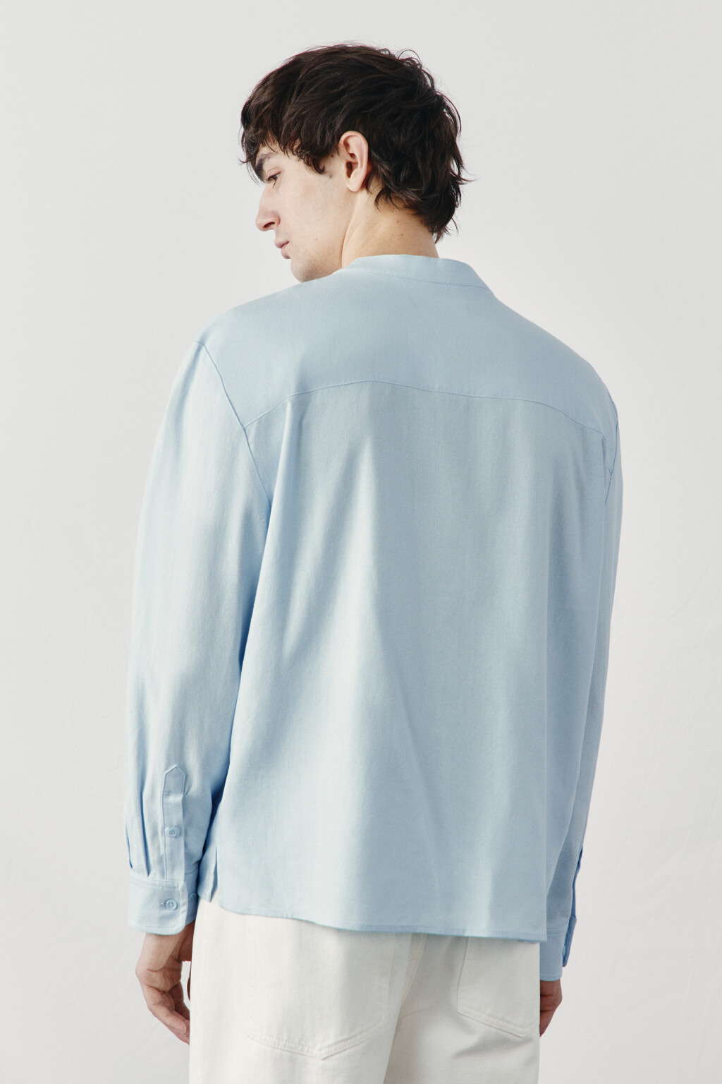 рубашка без воротника вискозная со льном - цвет голубой - 4