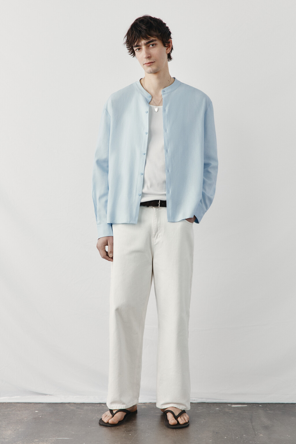 рубашка без воротника вискозная со льном - цвет голубой - 5