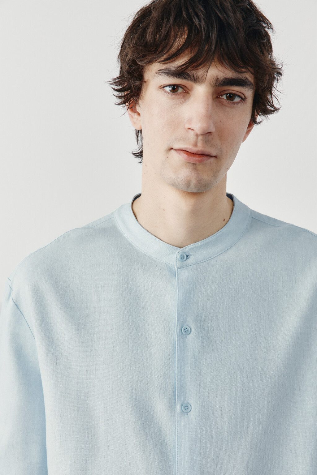 рубашка без воротника вискозная со льном - цвет голубой - 6