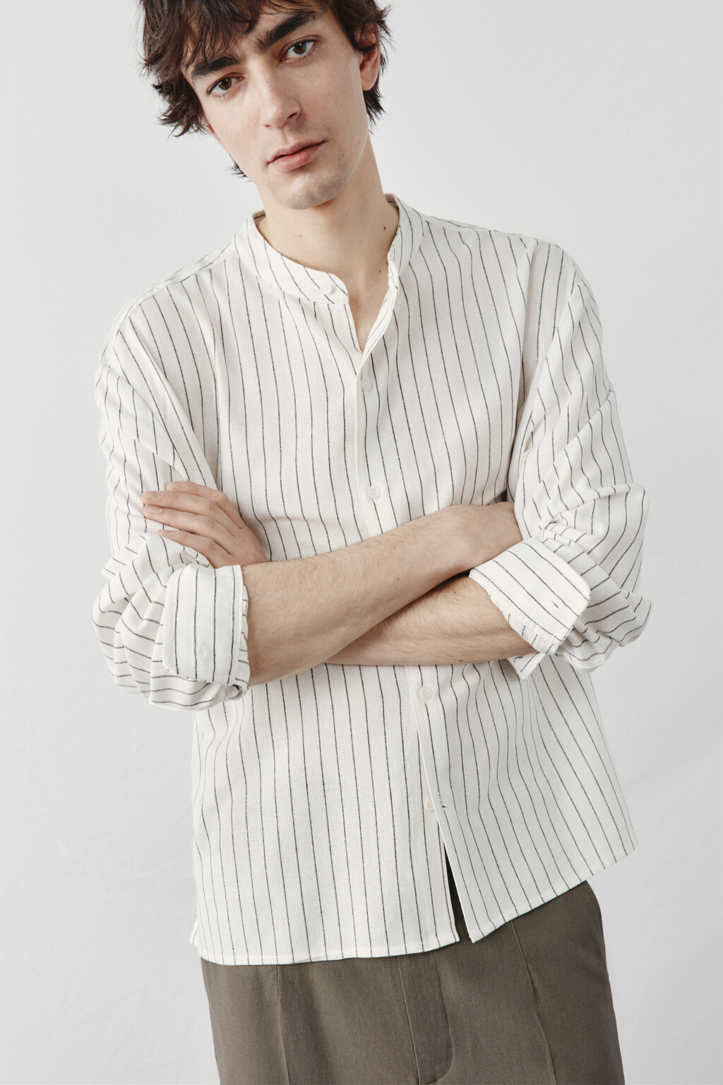 рубашка без воротника вискозная со льном - цвет белый - 1