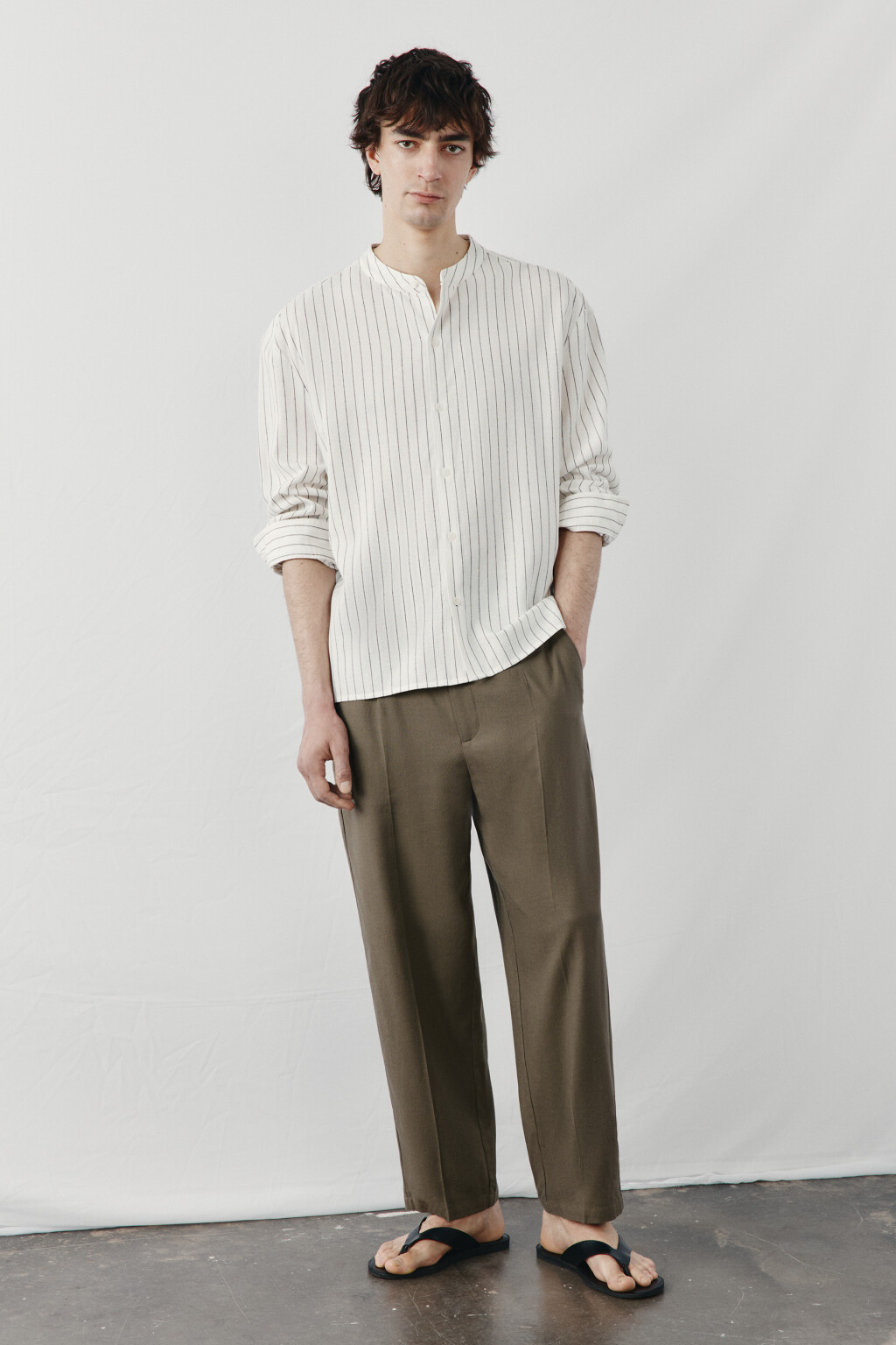 рубашка без воротника вискозная со льном - цвет белый - 4