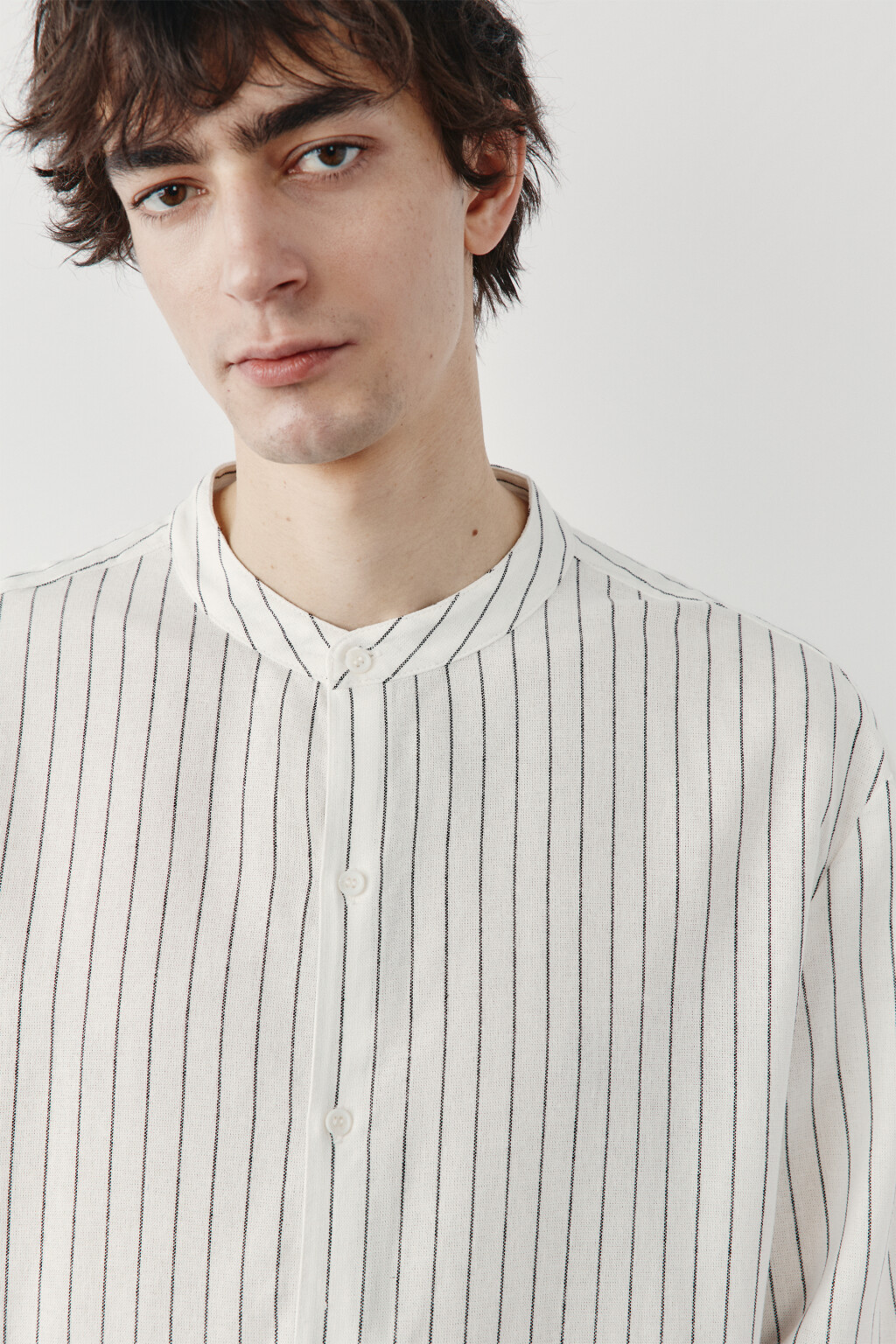 рубашка без воротника вискозная со льном - цвет белый - 5