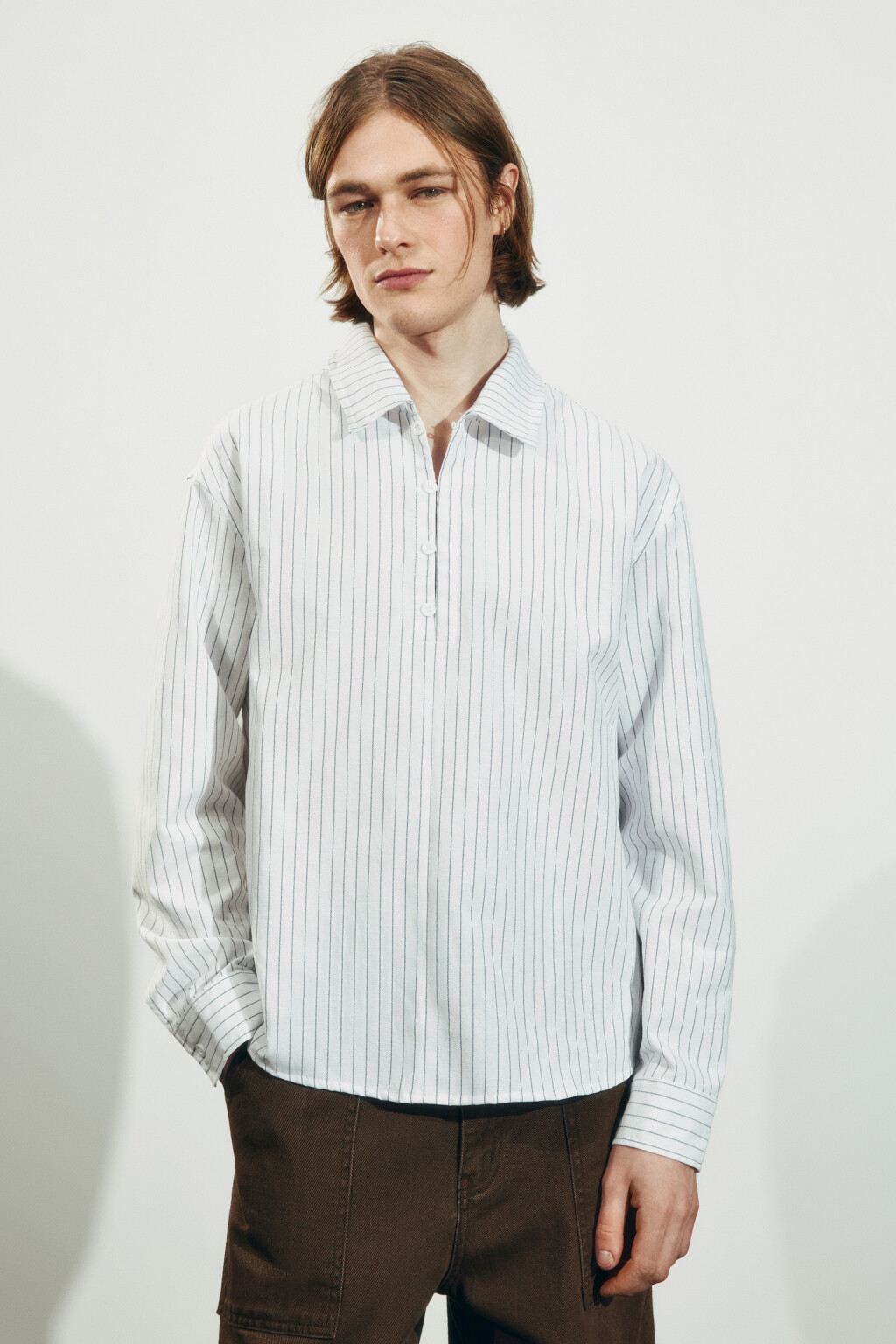 Рубашка хлопковая прямая в полоску - цвет серый - 3