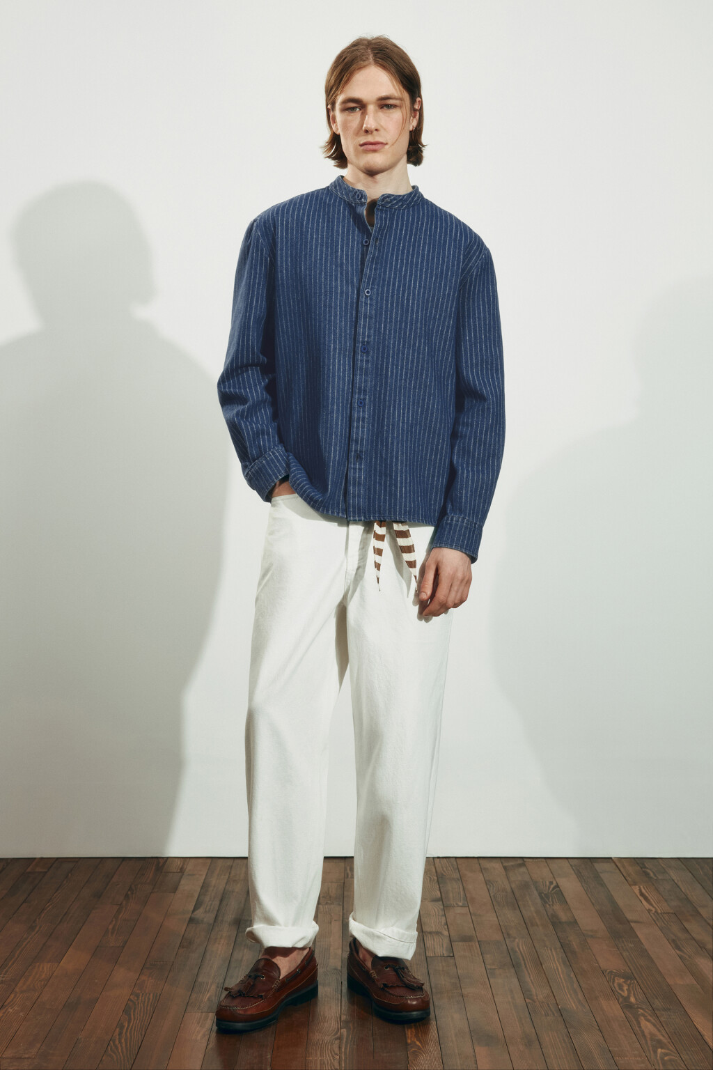 Рубашка джинсовая с воротником-стойкой - цвет синий - 5