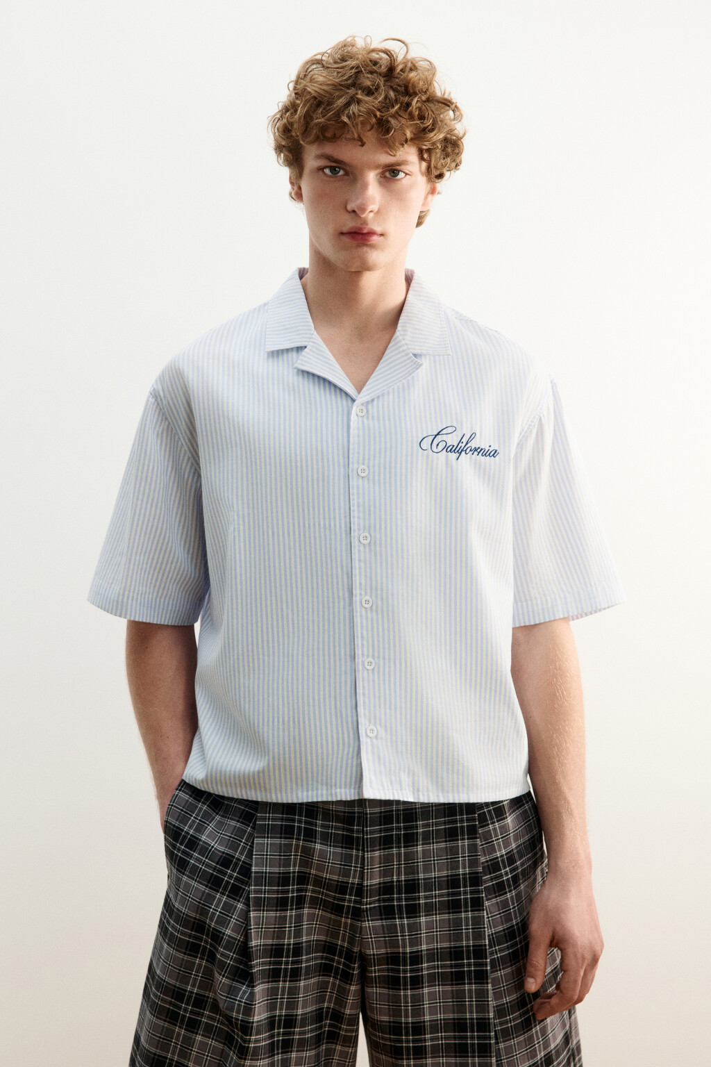 Рубашка хлопковая в полоску с коротким рукавом - цвет синий - 2