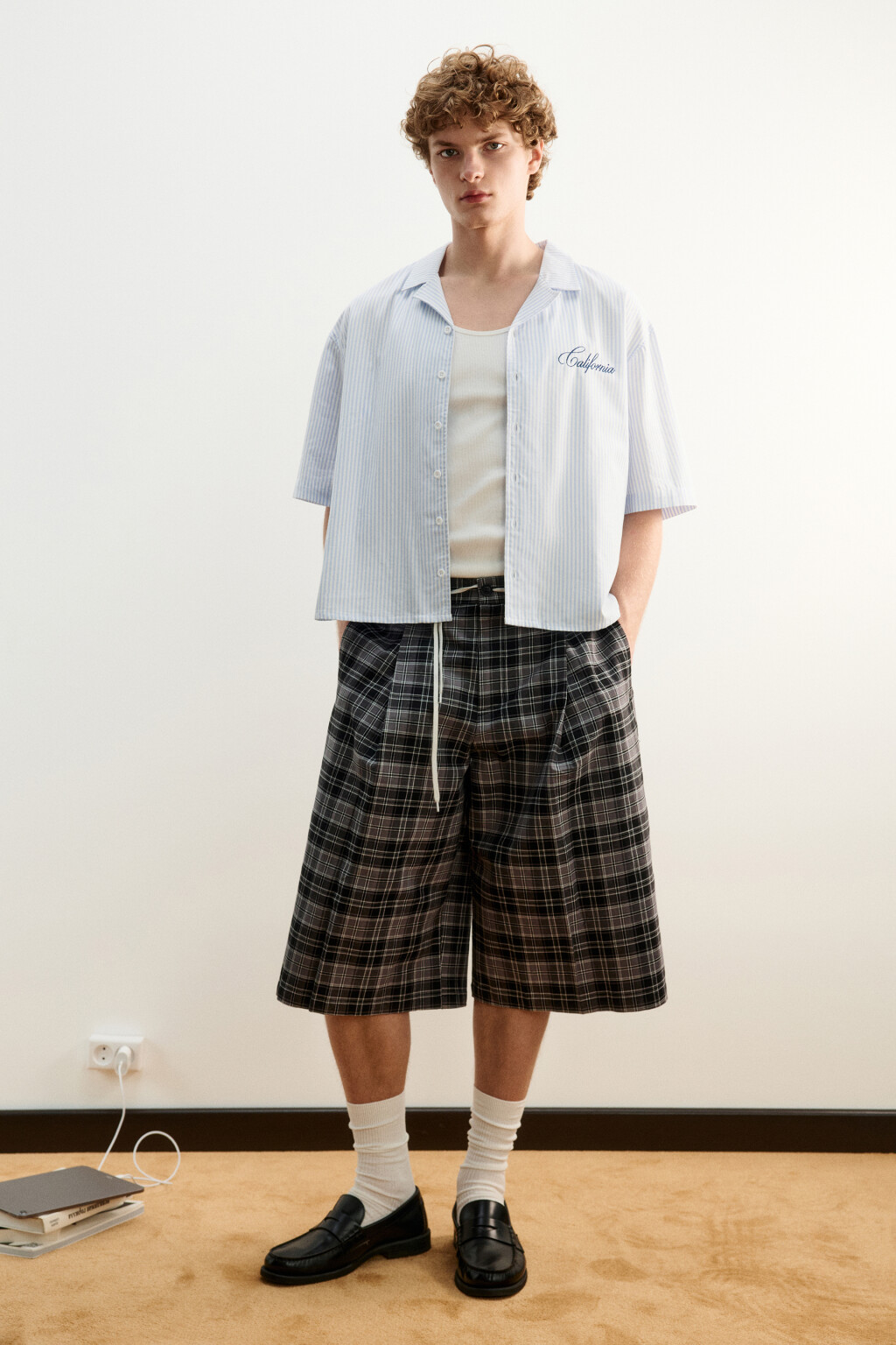 Рубашка хлопковая в полоску с коротким рукавом - цвет синий - 4