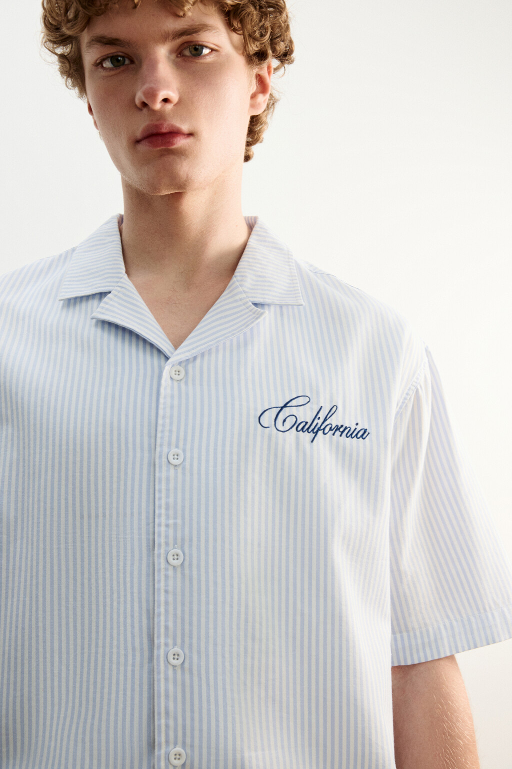 Рубашка хлопковая в полоску с коротким рукавом - цвет синий - 5