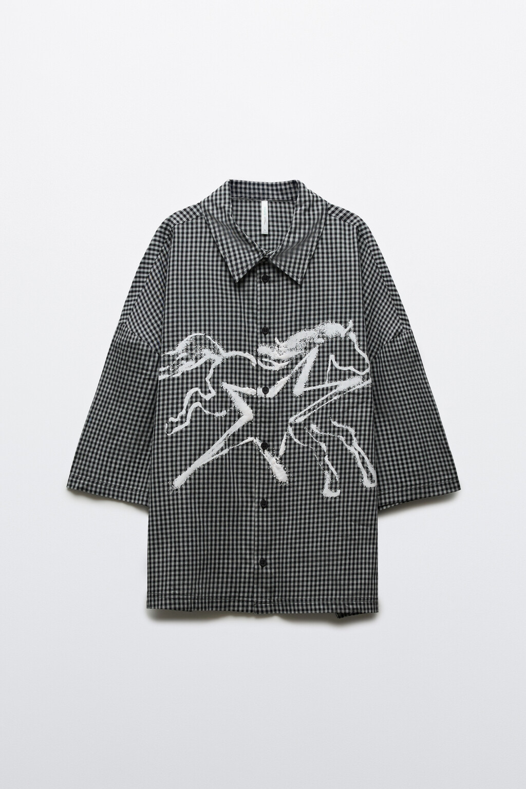 Рубашка в клетку с коротким рукавом и принтом - цвет серый - 7