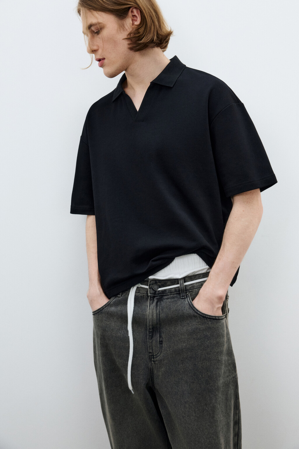 Футболка-поло оверсайз - цвет черный - 1