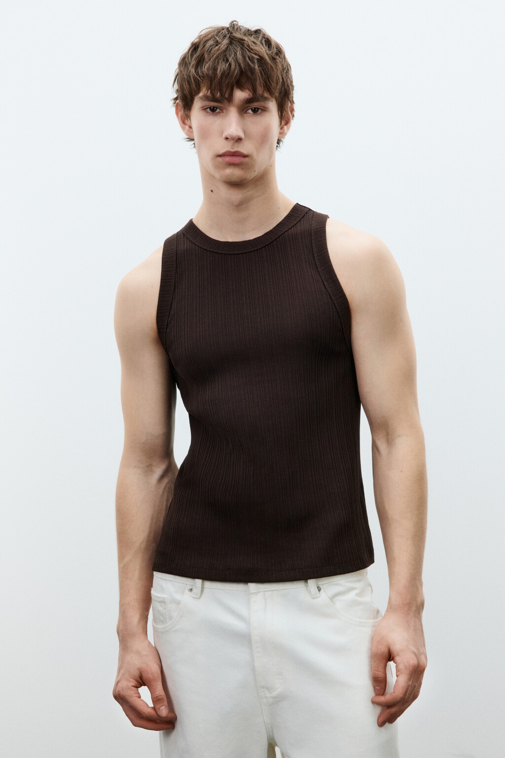 Майка-топ хлопковая приталенная в рубчик - цвет коричневый - 3